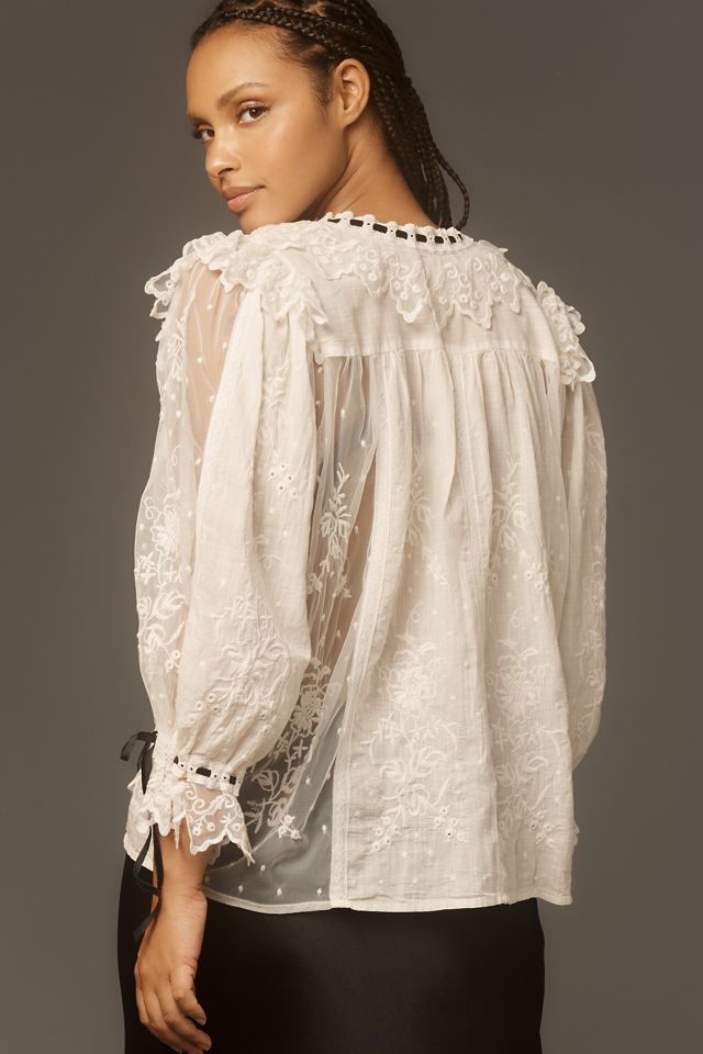 By Anthropologie Coquette Collared Sheer Blouse #8