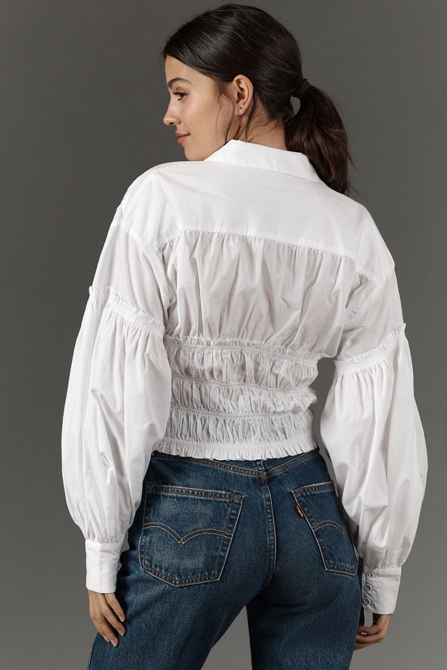 By Anthropologie Balloon-Sleeve Collared Shirred Blouse #2