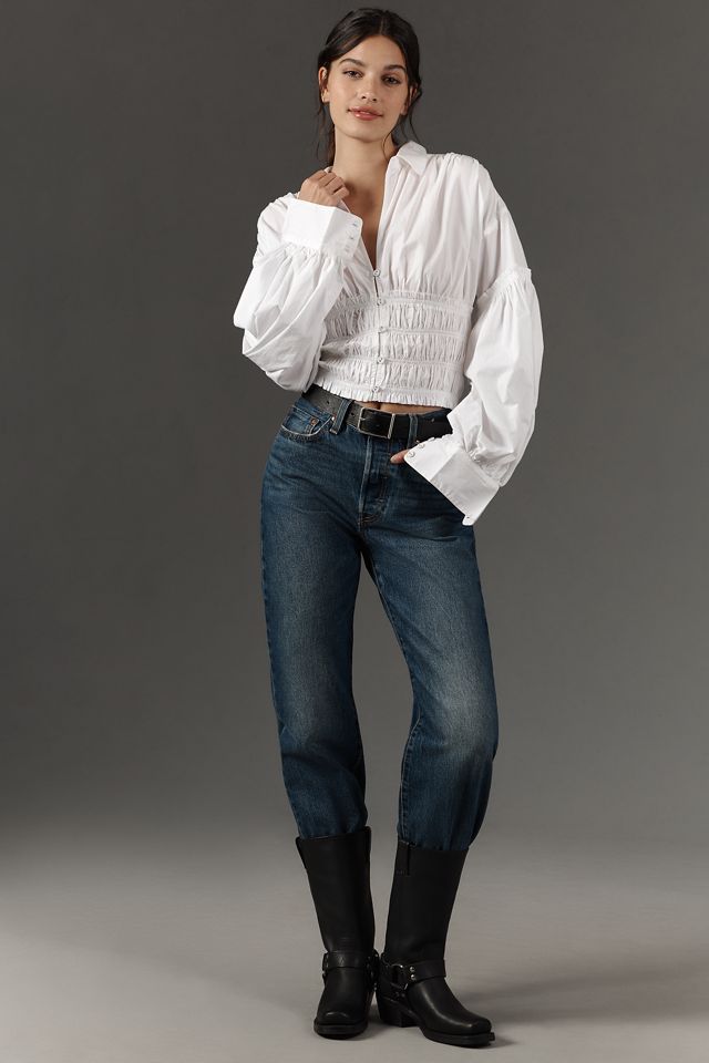 By Anthropologie Balloon-Sleeve Collared Shirred Blouse #3