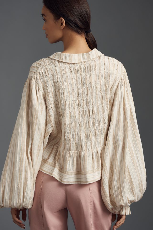 By Anthropologie Balloon-Sleeve Scoop-Neck Collared Blouse #2