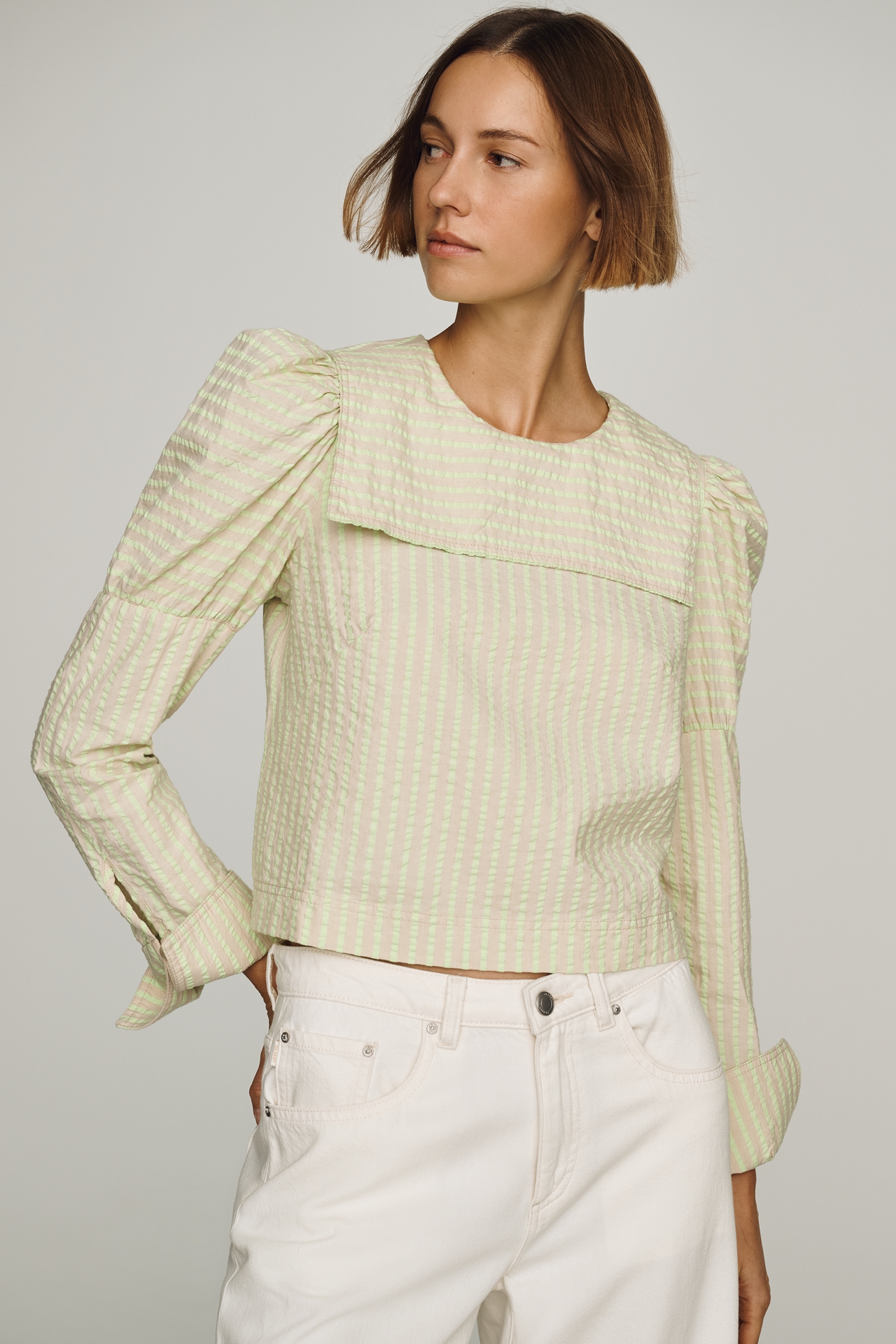Maeve Puff-Sleeve Seersucker Blouse