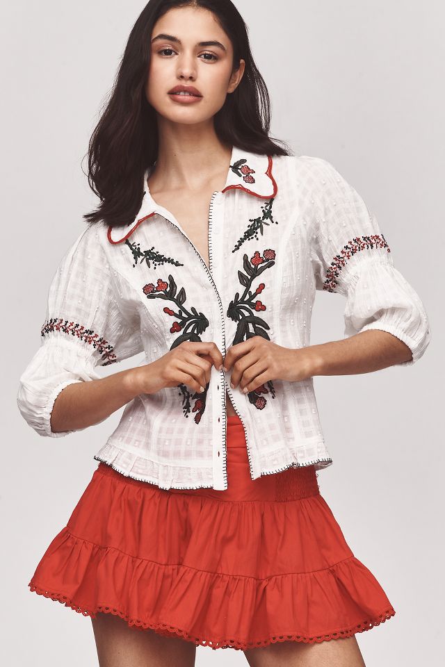 Pilcro Puff-Sleeve Embroidered Collared Blouse