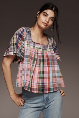 Pilcro Mixed Madras Flutter-Sleeve Blouse