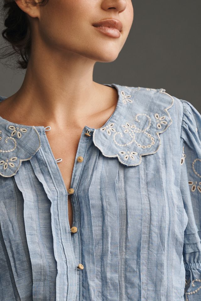 Maeve Short-Sleeve Collared Pleated Blouse #3