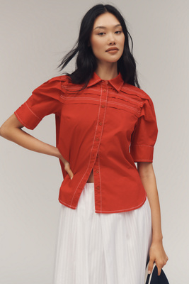 Pilcro Short-sleeve Reworked Buttondown Shirt In Red