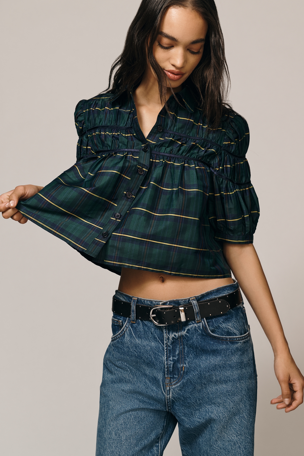 The Leandra Taffeta Shirred Yoke Blouse by Maeve