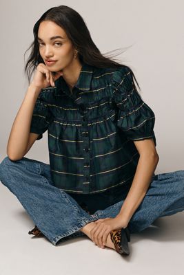 The Leandra Taffeta Shirred Yoke Blouse by Maeve