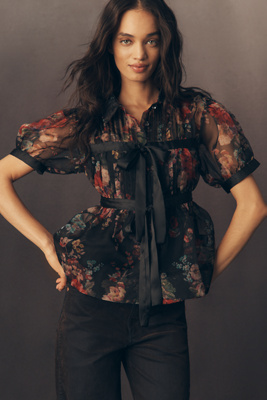 By Anthropologie Short-sleeve Tie-front Sheer Blouse In Multi