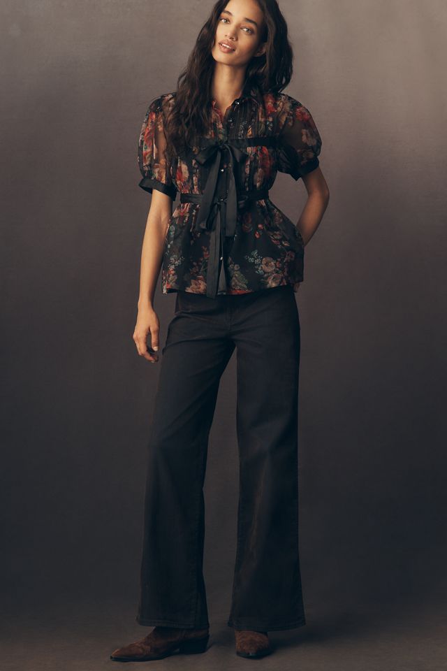 By Anthropologie Short-Sleeve Tie-Front Sheer Blouse #1