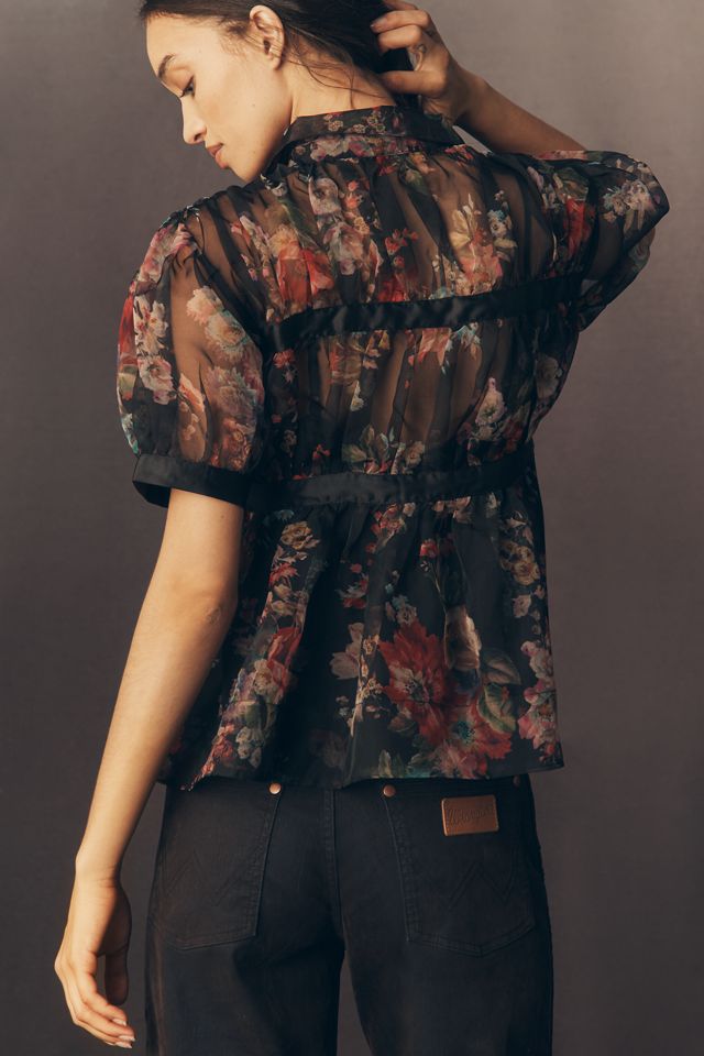 By Anthropologie Short-Sleeve Tie-Front Sheer Blouse #3