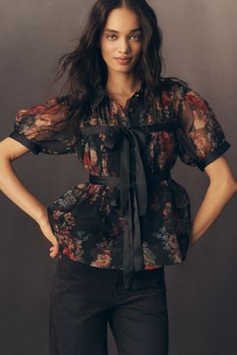 By Anthropologie Short-Sleeve Tie-Front Sheer Blouse