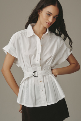 Pilcro The Bobbie Short Sleeve Belted Buttondown Shirt In White