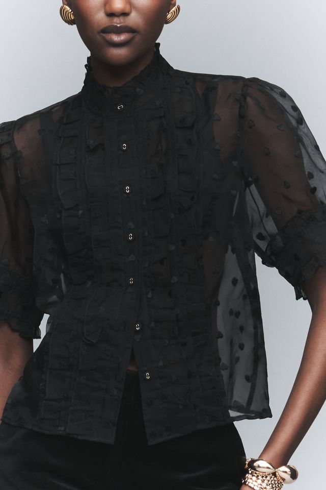 Maeve Puff-Sleeve Sheer Ruffle Blouse #3