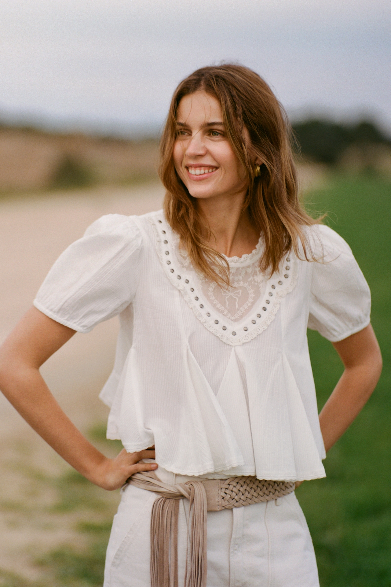 Maeve Puff-Sleeve Studded Placket Blouse