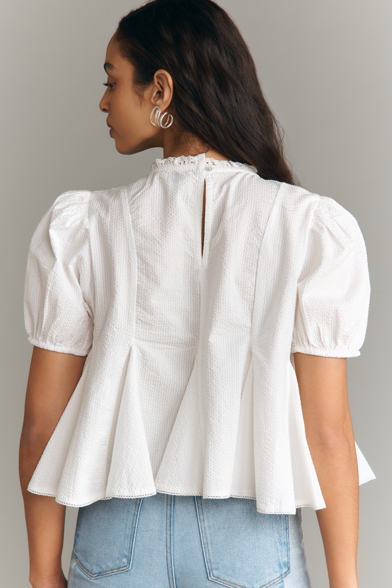 Maeve Puff-Sleeve Studded Placket Blouse