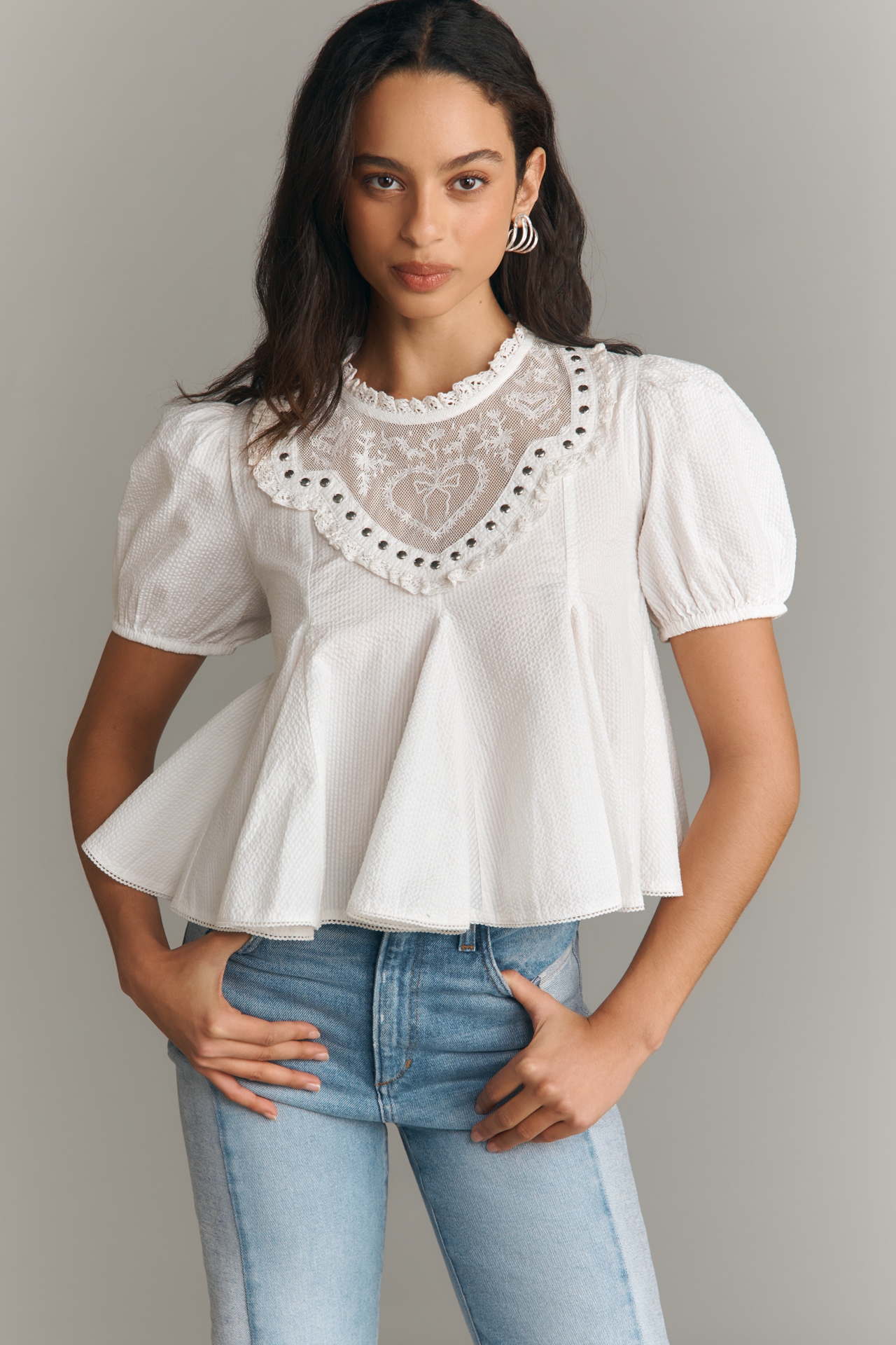Maeve Puff-Sleeve Studded Placket Blouse