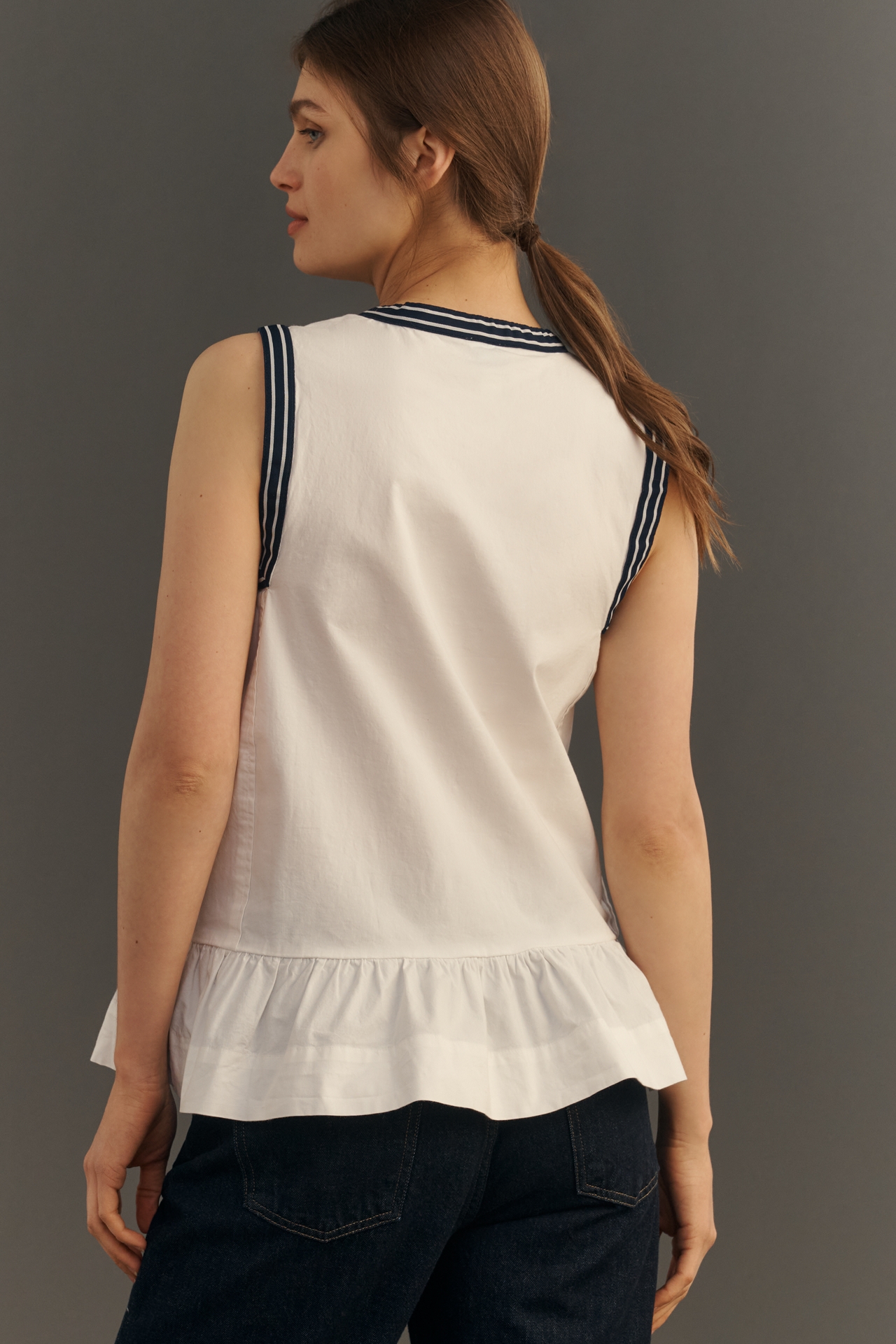 Maeve Contrast-Trim Peplum Buttondown Top