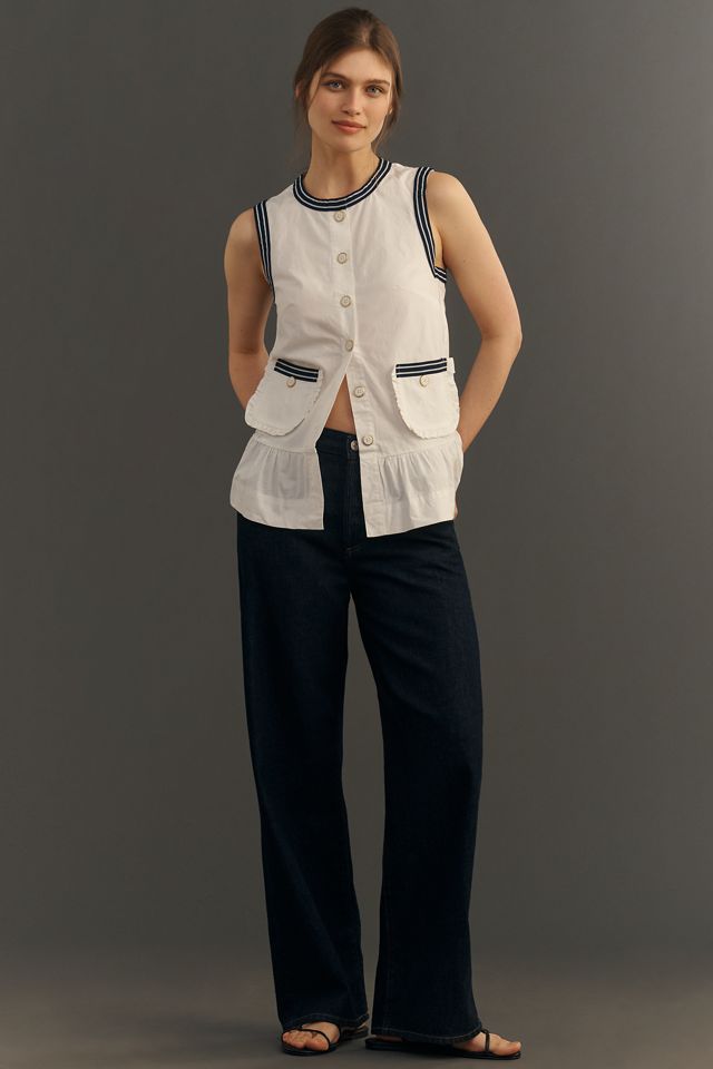 Maeve Contrast-Trim Peplum Buttondown Top #3