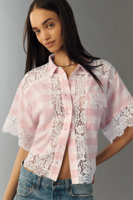 By Anthropologie Mixed Lace Buttondown Shirt