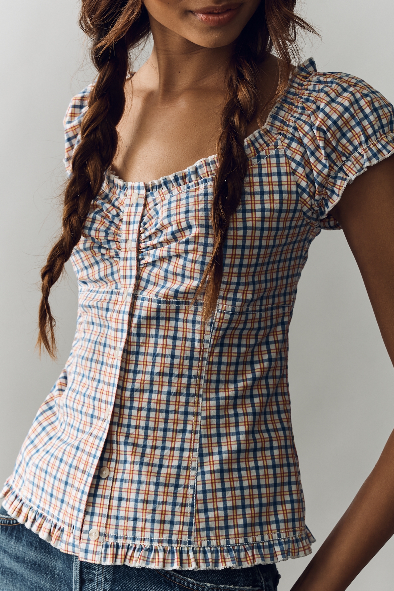 Pilcro Cap-Sleeve Waisted Blouse