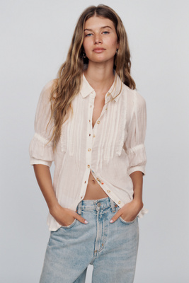 Pilcro Tallulah 100% Cotton Double Puff Sleeve Blouse In White