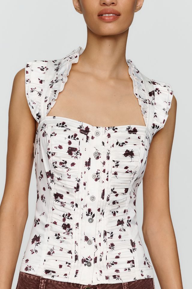 Pilcro Satin Ruffled Sleeveless Button Front Blouse | Anthropologie