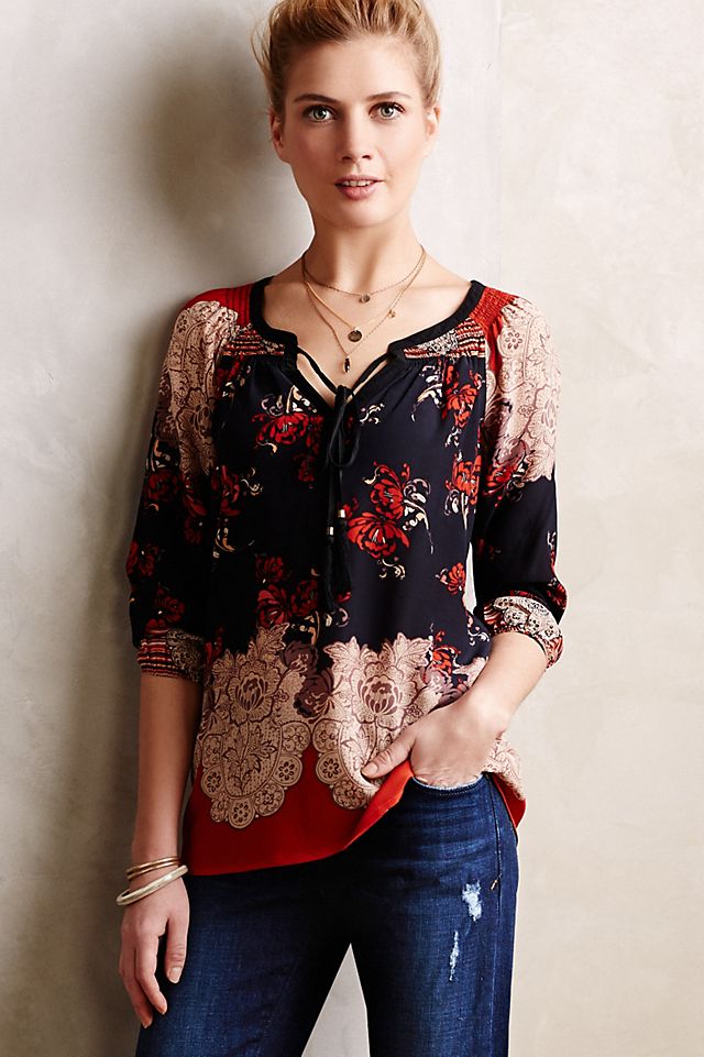 Blossomed Silk Peasant Top | Anthropologie