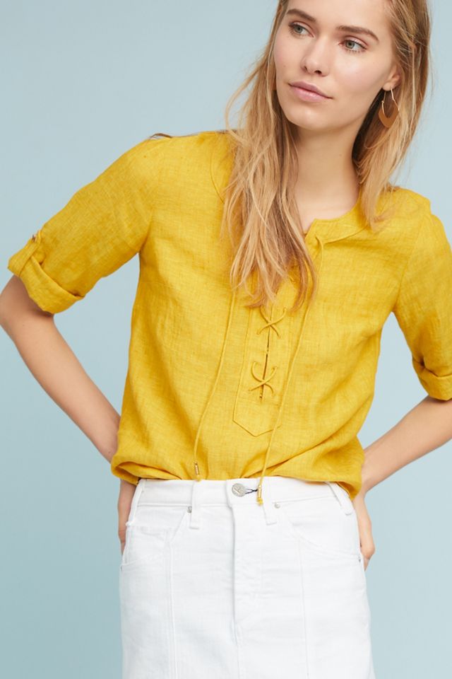 Stylish Blue Linen Crop Top from ANTHROPOLOGIE