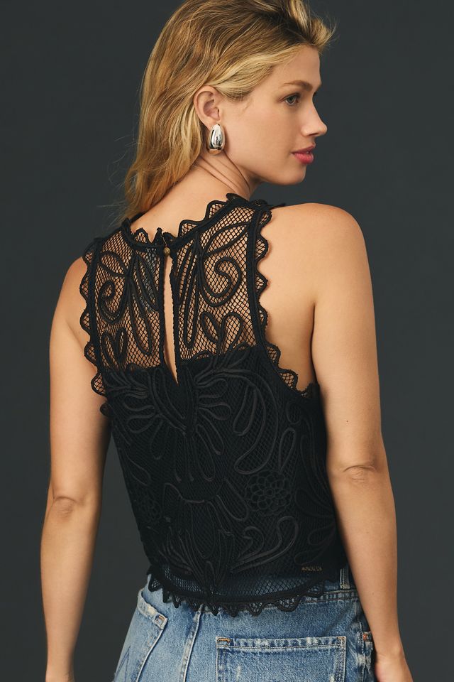 By Anthropologie Sheer Mesh Appliqué Tank Top #1