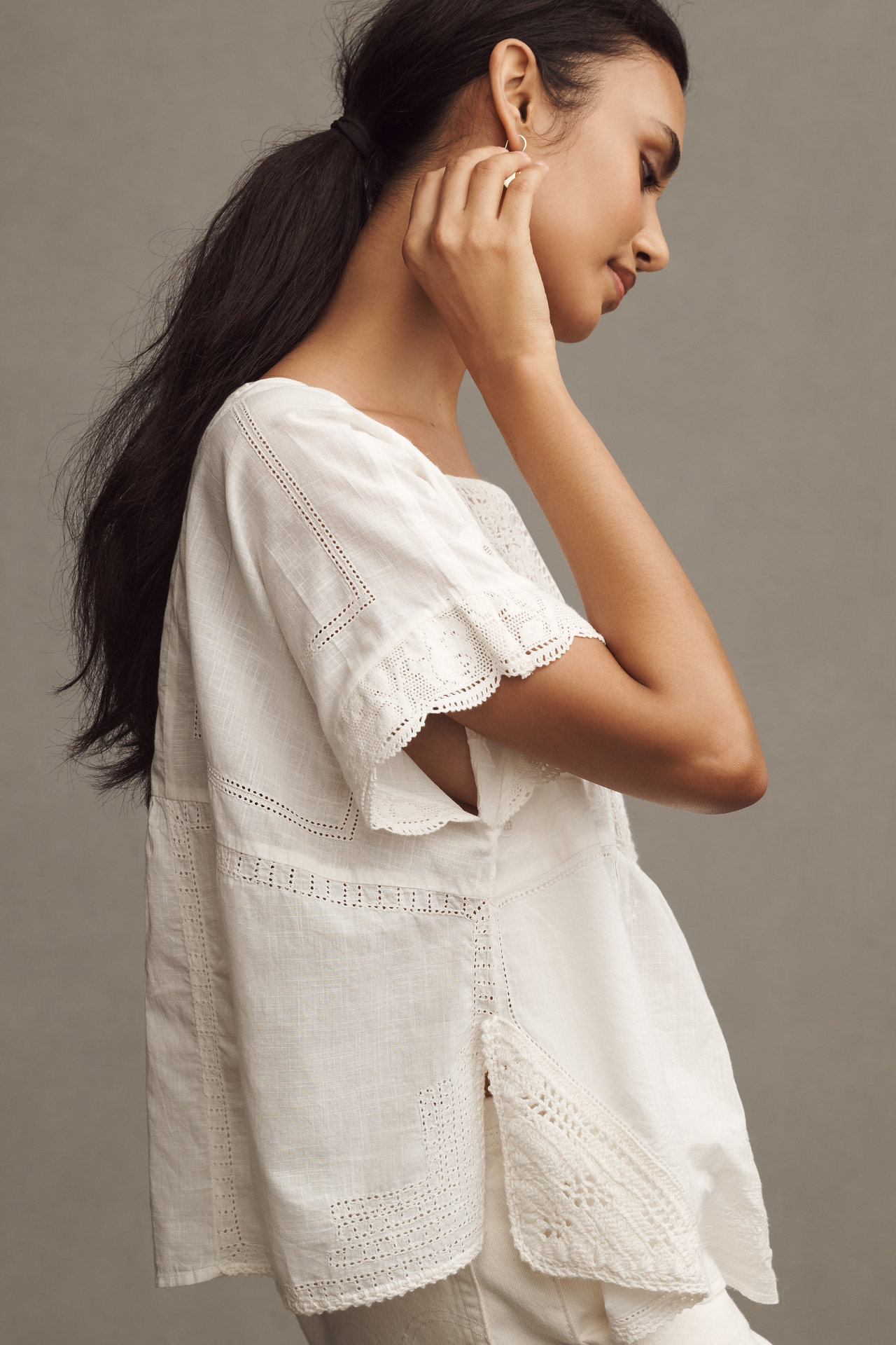 By Anthropologie Short-Sleeve Patched Poncho Top