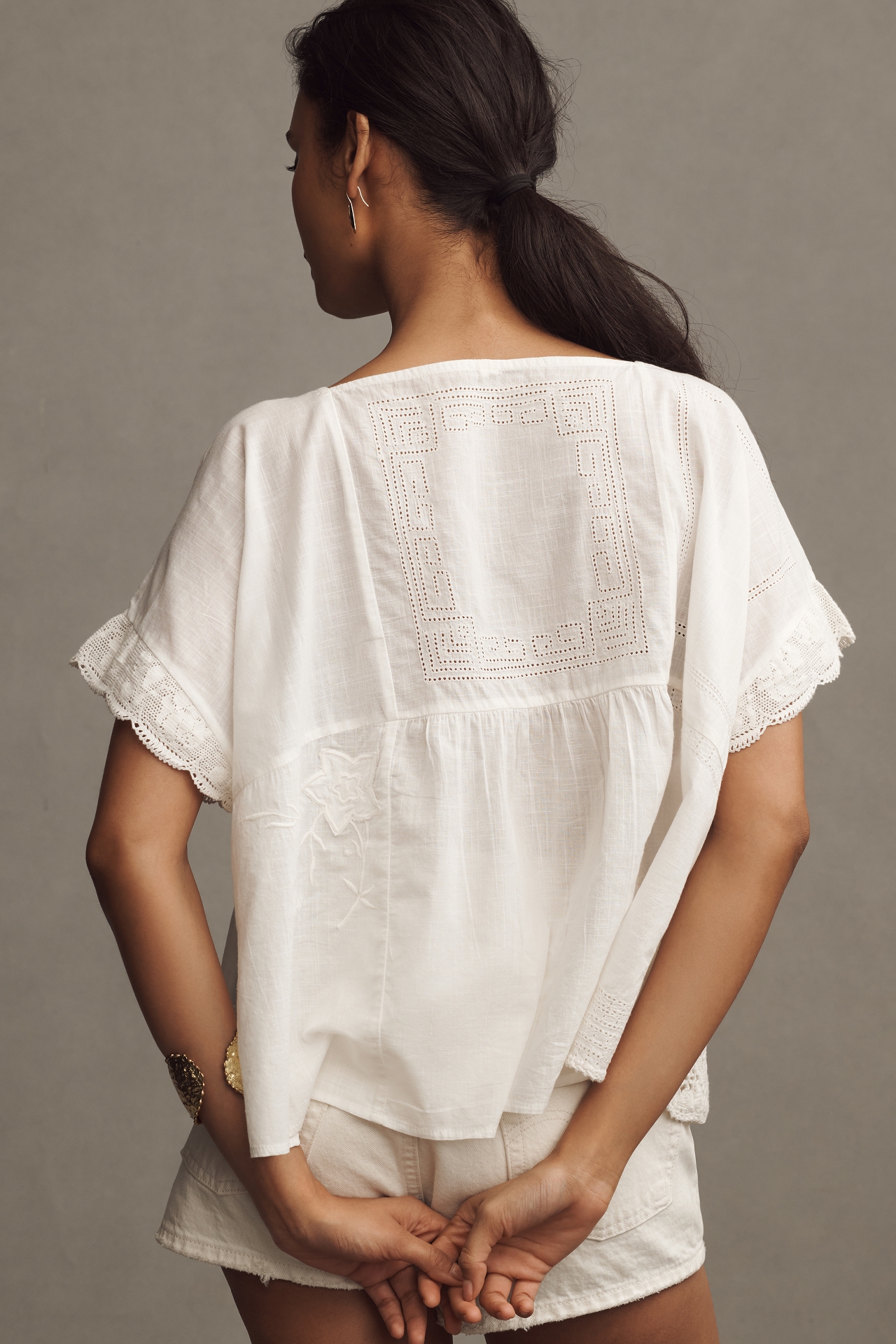 By Anthropologie Short-Sleeve Patched Poncho Top