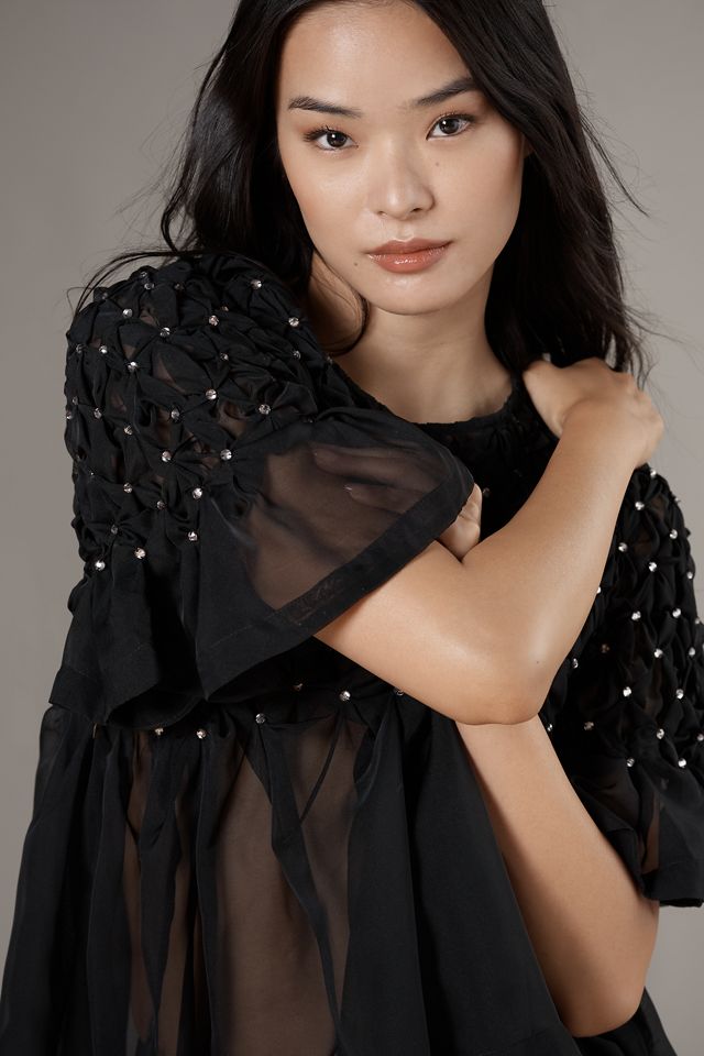 Blusa Babydoll Transparente Rhinestone Manga Corta Maeve #2