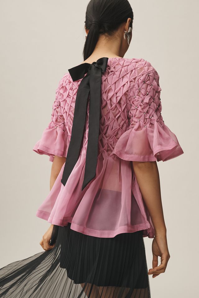 Maeve Short-Sleeve Rhinestone Sheer Babydoll Blouse #2