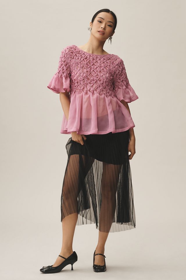 Maeve Short-Sleeve Rhinestone Sheer Babydoll Blouse #3