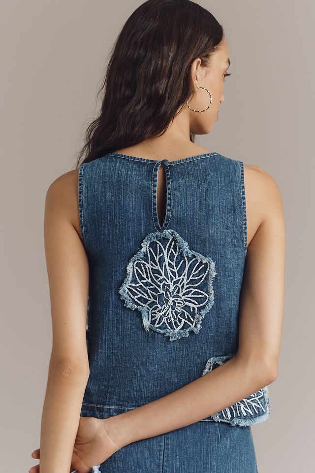 Maeve Sleeveless Floral Cutout Denim Blouse #1