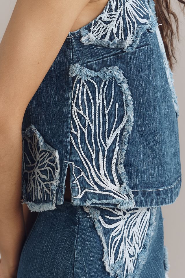 Maeve Sleeveless Floral Cutout Denim Blouse #2