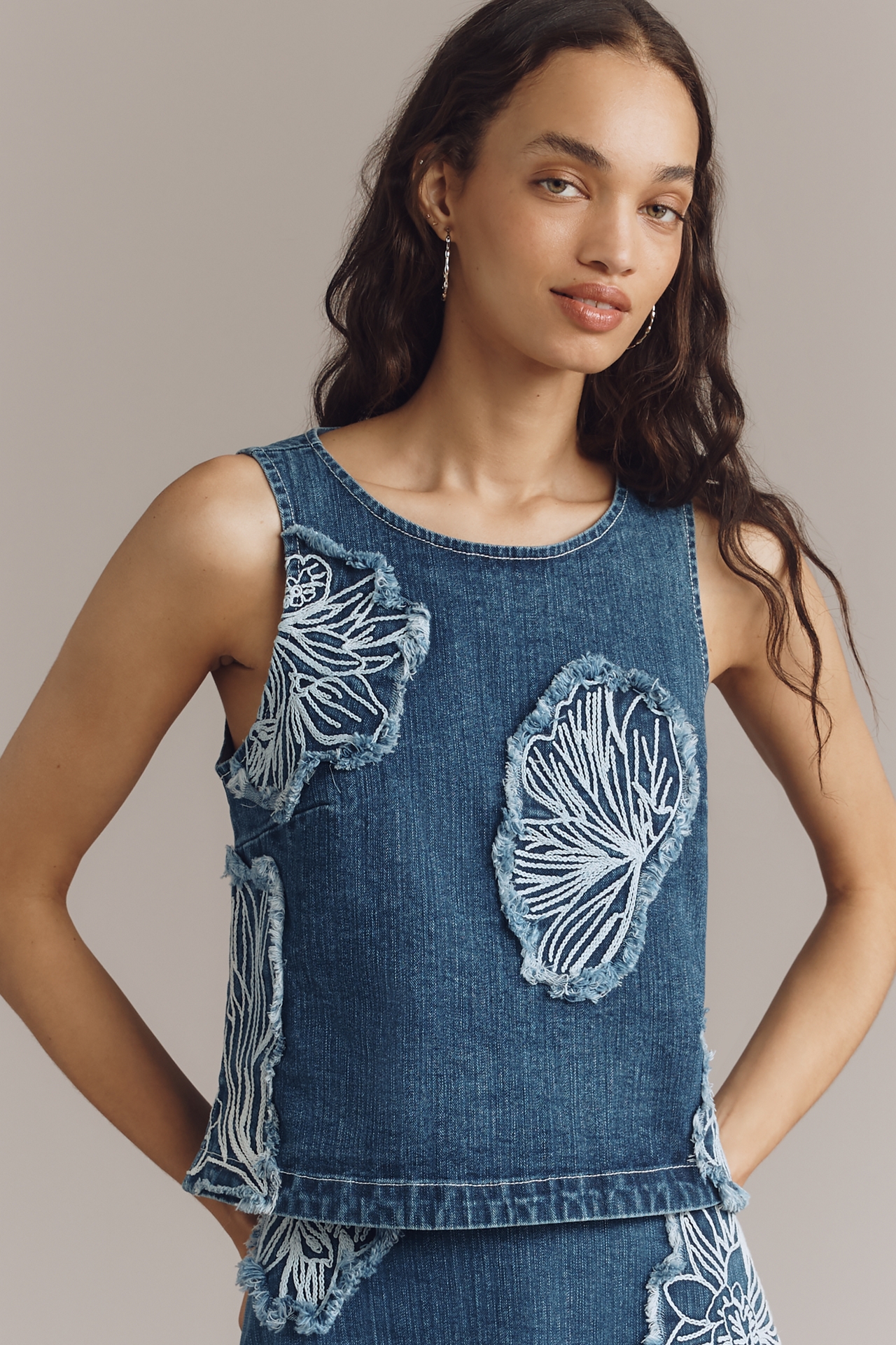 Maeve Sleeveless Floral Cutout Denim Blouse