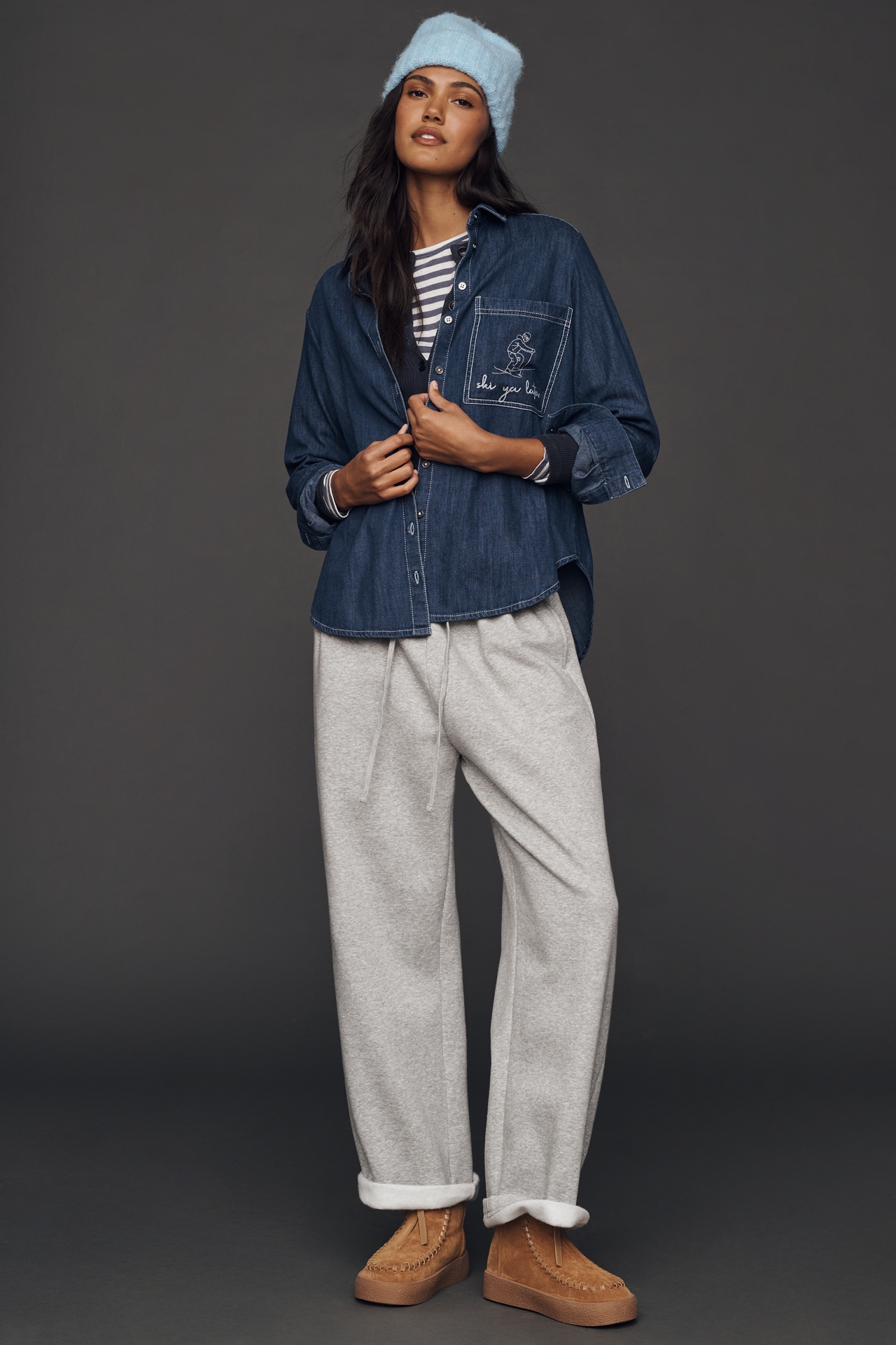 Pilcro Ski Motif Long-Sleeve Denim Buttondown Shirt
