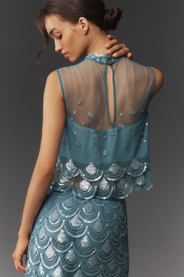 Maeve Beaded Scallop Sequin Crop Tank Top #1