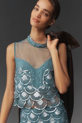 Maeve Beaded Scallop Sequin Crop Tank Top