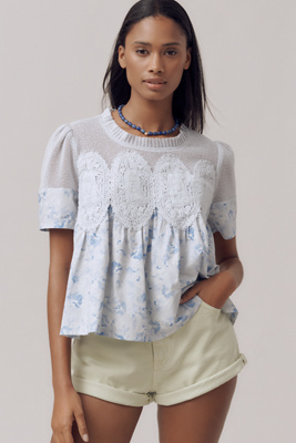Shop En Elly The Iris Short-sleeve Lace Poplin Blouse By