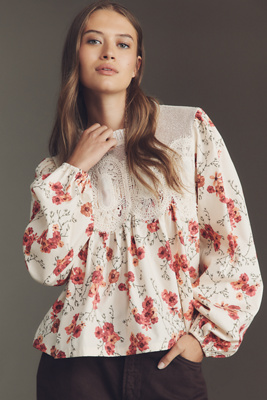 En Elly The Iris Long-sleeve Lace Poplin Blouse By  In White