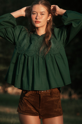 En Elly The Iris Long-sleeve Lace Poplin Blouse By  In Green