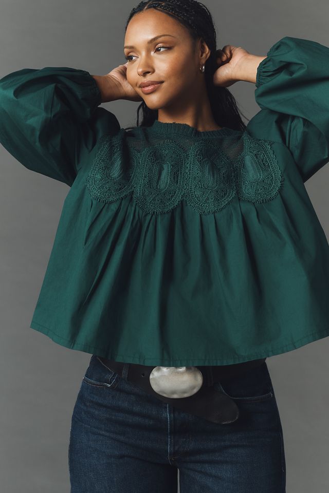 The Iris Long-Sleeve Lace Poplin Blouse by En Elly | Anthropologie