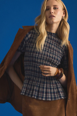 By Anthropologie Check Smocked Puff-Sleeve Top
