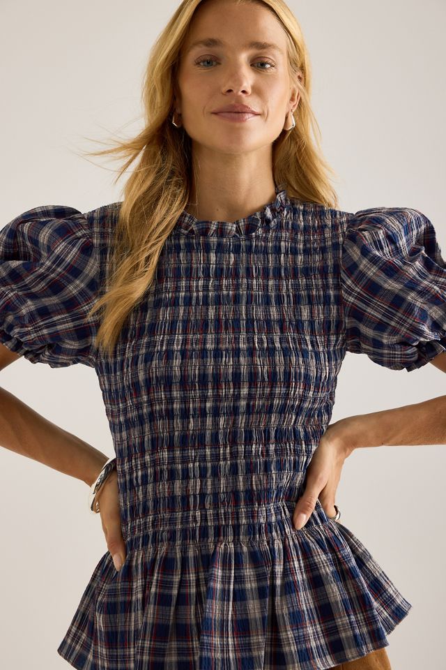 Top bouffant à smocks à carreaux By Anthropologie #3