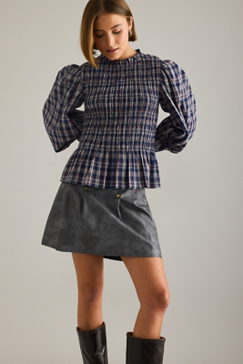 By Anthropologie Long-Sleeve Check Smocked Blouse