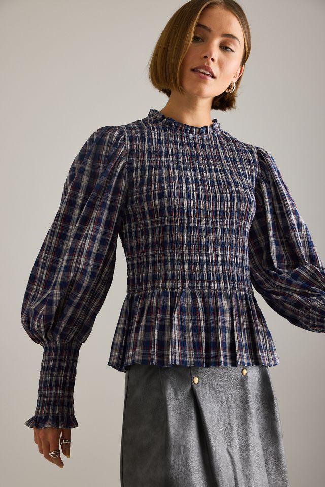 By Anthropologie Blouse à smocks à carreaux à manches longues #4
