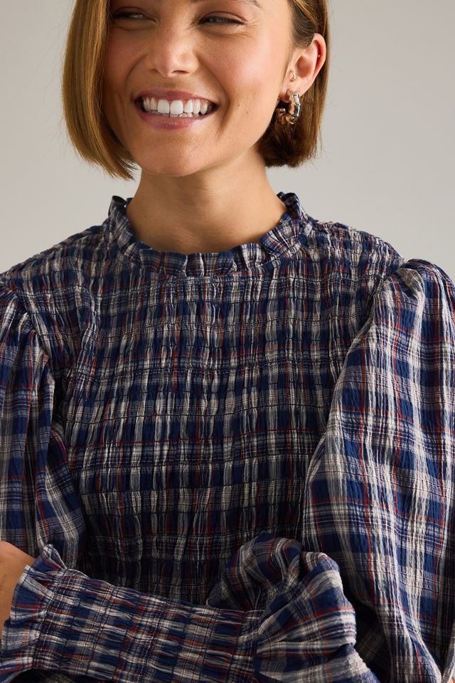 By Anthropologie Blouse à smocks à carreaux à manches longues #5