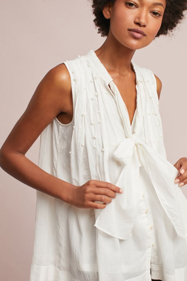 Pearled Tie-Neck Swing Blouse #1
